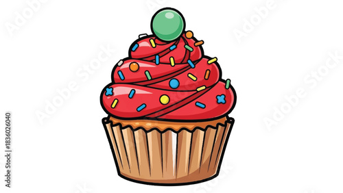 Delicious cupcake with red frosting and colorful sprinkles, a sweet treat.