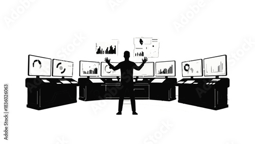 Person standing confidently in front of multiple monitors displaying charts and graphs, symbolizing data analysis and control.