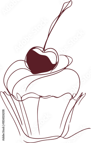Single line drawing of a delectable cupcake with a luscious cherry on top delicacy