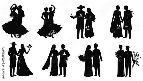 Diverse couples celebrating love and tradition in elegant silhouettes