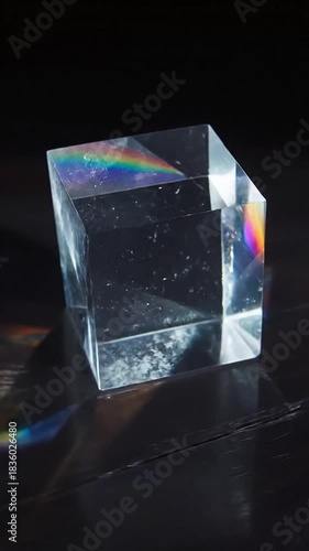 A clear square prism is lit, creating vibrant rainbow refractions against a dark reflective surface