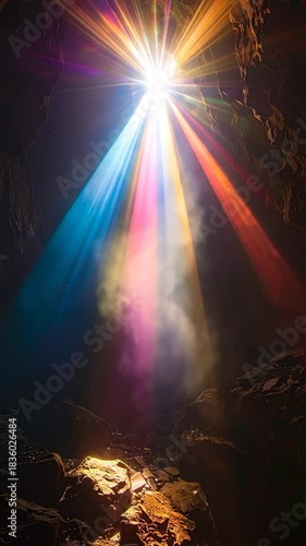A vibrant, mystical image features bright light bursting through a cave entrance, with colorful beams