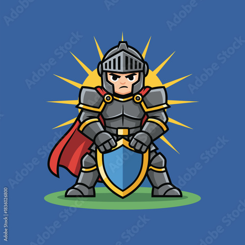 Cartoon Knight with Shield Ready for Battle.