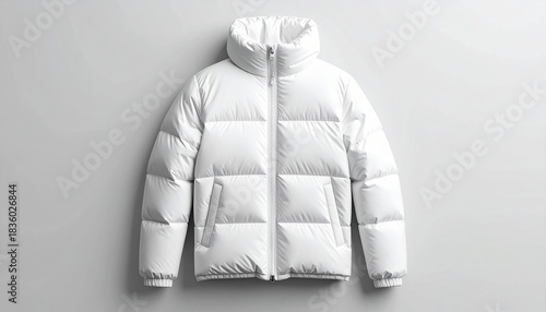 White puffer jacket with high collar and quilted design on light gray background.