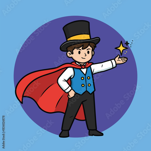 Cartoon magician with cape and top hat performing.