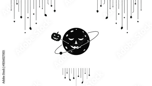 Whimsical planet with a carved pumpkin face orbits in a starry night sky with falling musical notes.