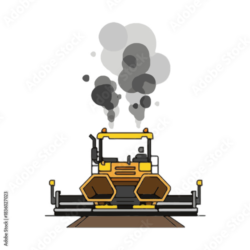 Vector illustration of a yellow asphalt paver machine working on road construction, laying fresh pavement with steam rising from the engine