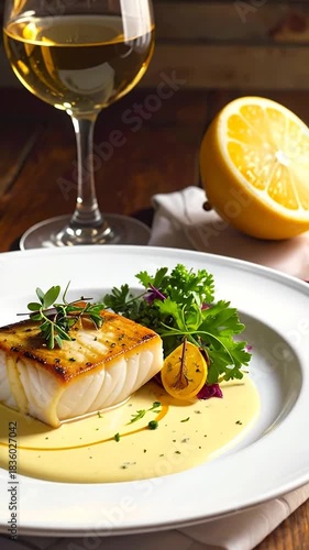 A plated fish fillet with sauce and garnish, alongside a glass of wine and lemon