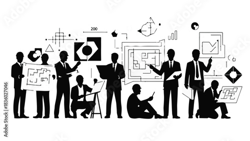 Diverse team collaborates on architectural blueprints and strategic planning