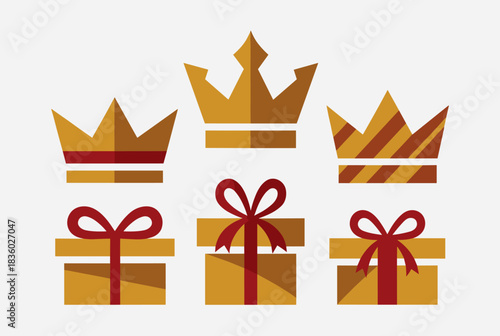 Flat design illustration featuring three golden crowns and three golden gift boxes with red ribbons, symbolizing celebration and rewards.