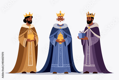 Three wise men, also known as the Magi, wearing crowns and long robes, holding gifts for the Nativity scene.