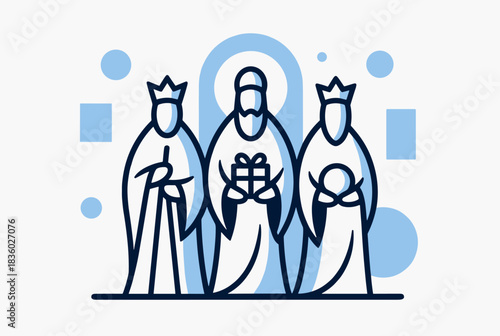 Minimalist line art illustration of the Three Wise Men, also known as the Magi, bearing gifts for the Nativity, depicted in a modern style with blue accents.