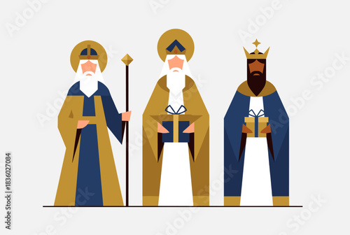 Stylized illustration of the Three Wise Men or Magi, depicting them in blue and gold robes with gifts and a staff, representing the Epiphany.