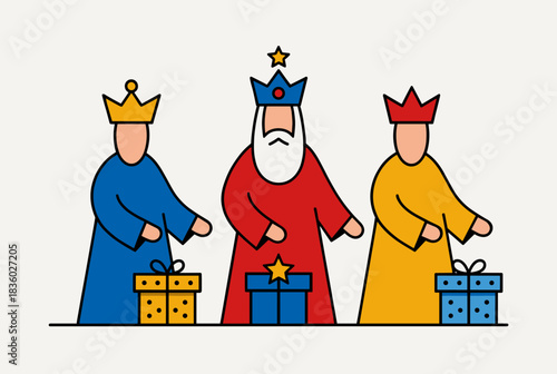 Three Wise Men or Three Kings in simple line art style, wearing crowns and holding gift boxes, representing Epiphany celebration.