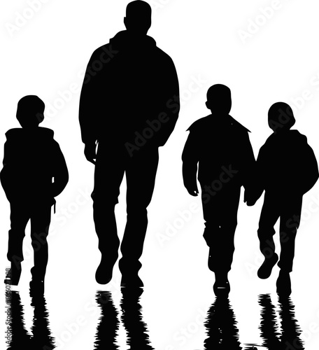 A father walking with his children, silhouettes creating a sense of family and togetherness