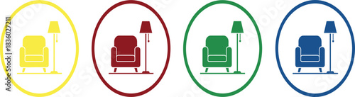 Colorful armchair and floor lamp icon set in modern minimalist circular home decor style