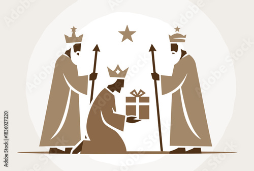 A stylized illustration of the Three Wise Men presenting gifts under a star, depicting the Epiphany.