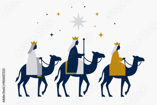Three Wise Men riding camels following a guiding star, depicting the Epiphany journey.