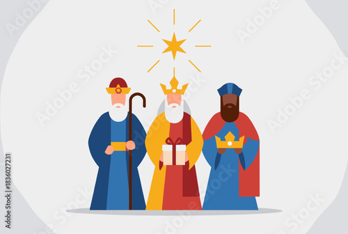 Three Wise Men or Magi with gifts under a shining star, representing the Epiphany celebration.