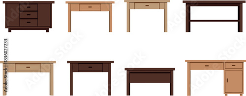 Collection of wooden tables and desks in various styles modern rustic and minimalist furniture illustration set