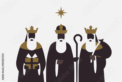 Minimalist illustration of the Three Wise Men, or Magi, with crowns, robes, gifts, and a guiding star above them.