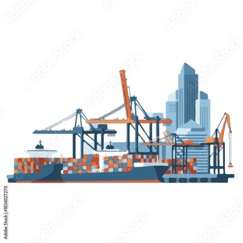 Illustration of a bustling container port with cargo ships, cranes, and a modern city skyline backdrop, symbolizing global trade and logistics