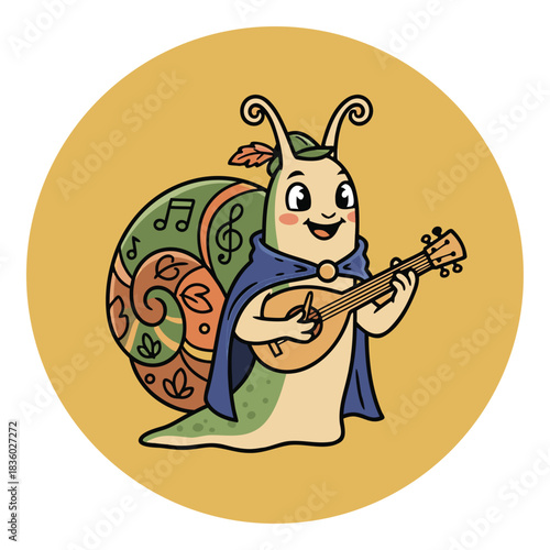 Cartoon snail bard playing a musical instrument.