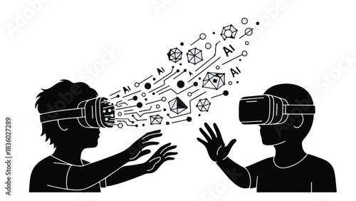 Children exploring virtual reality and artificial intelligence with futuristic goggles