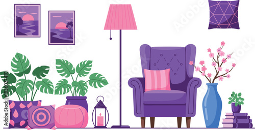 Cozy purple home decor interior scene with armchair plants lamp cushions books and wall art illustration
