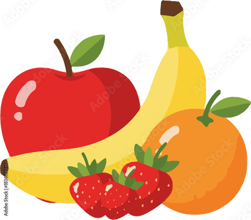 A vibrant and colorful assortment of fresh fruits featuring a red apple, yellow banana, orange, and strawberries, representing a healthy diet