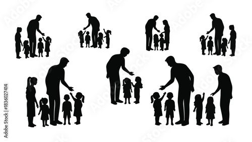 Adults interacting with children, offering guidance and support in various group settings.