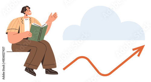 Man reading a book, looking inspired. Growth arrow rises beside a cloud, symbolizing learning, development, motivation, growth, success progress and discovery. Ideal for education growth