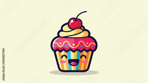 Cute Kawaii Cupcake Character with Cherry on Top.