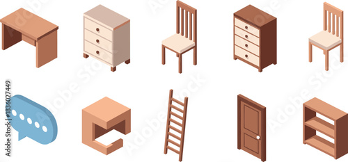 Isometric wooden furniture icons set including tables chairs drawers door ladder bookshelf and home decor elements illustration