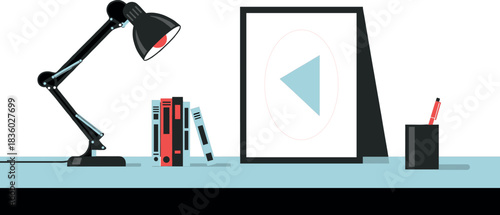 Modern desk setup with table lamp books picture frame and pencil holder minimalist workspace illustration