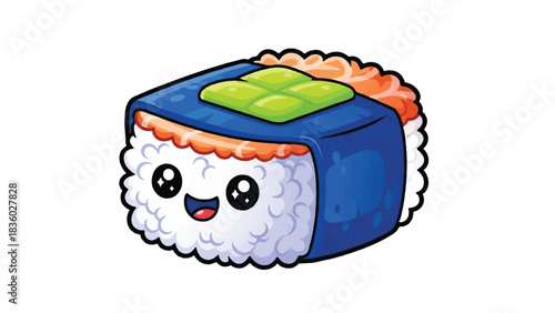 Adorable Sushi Character with Smiling Face and Green Topping.