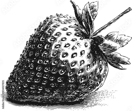 Detailed black and white illustration of a ripe strawberry with intricate texture details