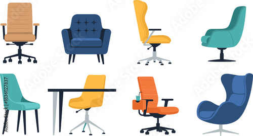 Modern office chairs and stylish armchairs set with contemporary colorful seating furniture illustrations