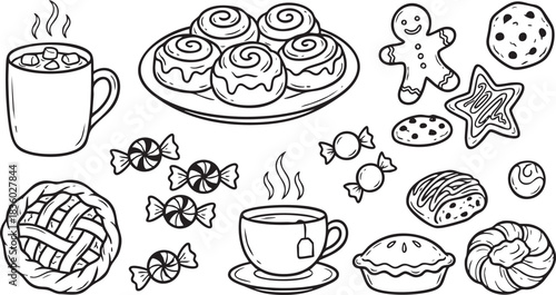 A delightful collection of sweet treats, pastries, and warm beverages in a charming outline drawing