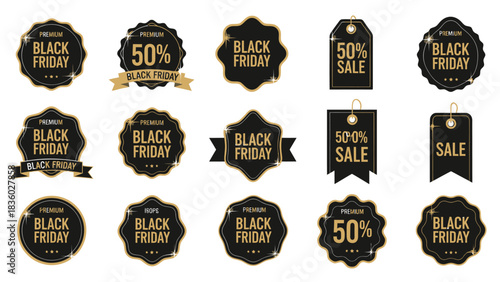 Black Friday Sale Badges and Labels Premium Discounts, Special Offers, and Promotional Elements