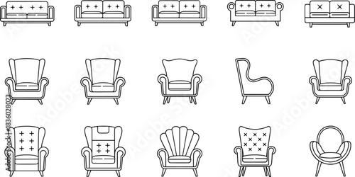 Set of modern outline sofa and armchair icons, minimalist furniture line art collection for interior design projects