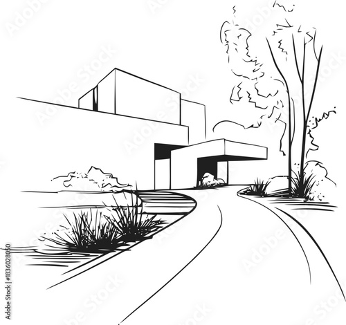 Linear architectural sketch of a minimalist modern house exterior with landscaping design