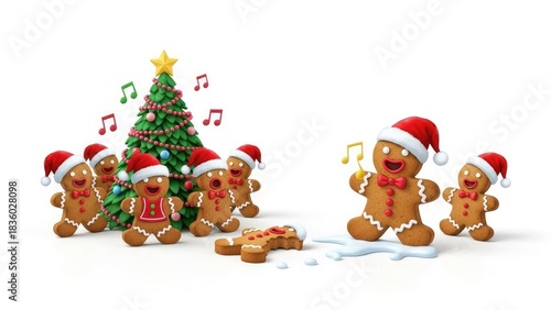 Gingerbread Men Singing Carols Around Christmas Tree with Musical Notes