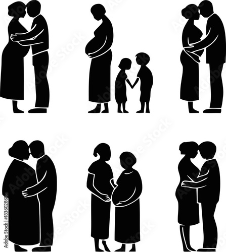 Silhouette depictions of family development showing stages of pregnancy and relationships