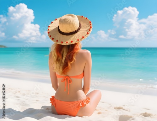 Fototapeta Naklejka Na Ścianę i Meble -  Woman in bikini and sunhat sitting on a white sand beach looking at the ocean
