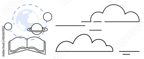 Learning concept. Learning through science and astronomy ed by an open book, planet, Earth, and abstract clouds. Learning inspires curiosity and knowledge growth. Suitable for education, space