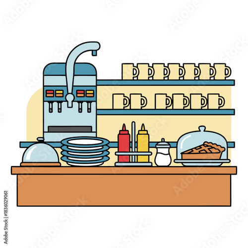 Retro Diner Counter with Soda Fountain and Dishes.