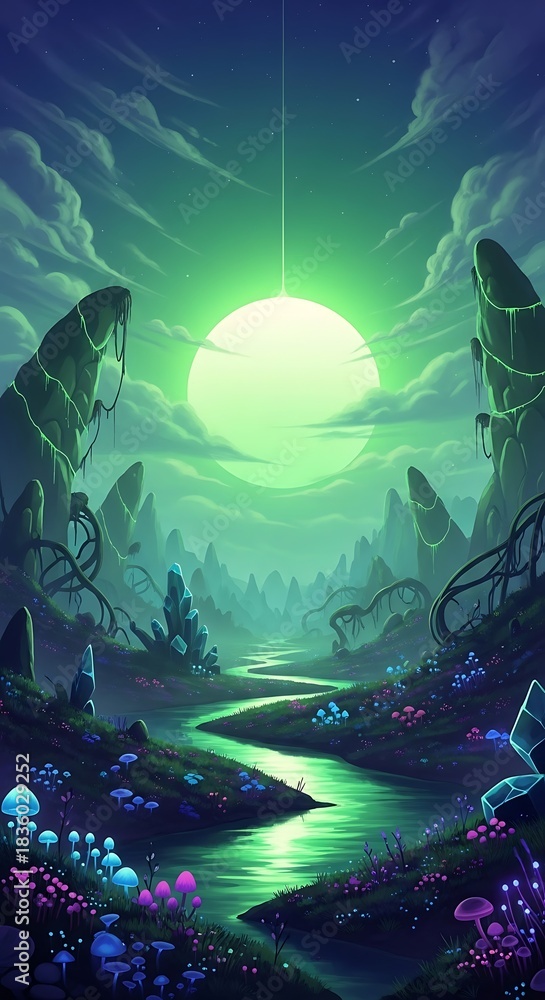 Obraz premium Mystical Alien Landscape with a Glowing Green Moon and River.