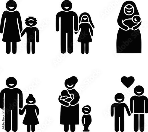 Diverse family configurations represented in simple black and white graphic icons