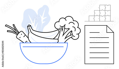Healthy eating concept. Healthy ingredients thumbs up bananas, broccoli, and carrots in a bowl with puzzle and document elements. Healthy choices for nutrition, education, planning, wellness
